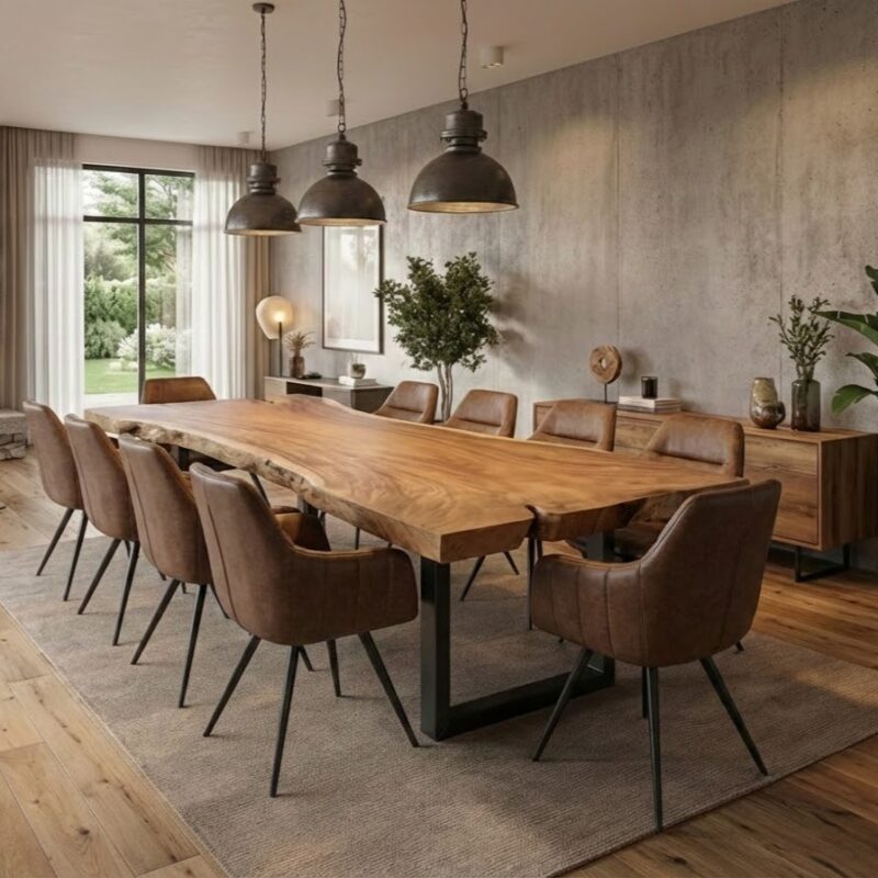 Suarhout boomstamtafel met bijpassende eetkamerstoelen Raaf