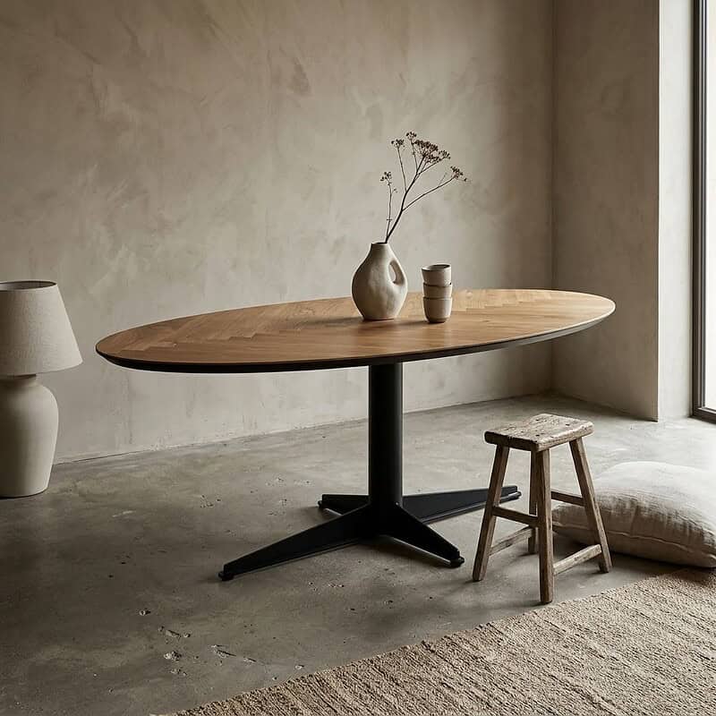 Moderne eiken eettafel 413-696 met zwart onderstel, perfect voor een stijlvolle eetkamer. Gemaakt van hoogwaardig eikenhout, biedt een warme en natuurlijke uitstraling.