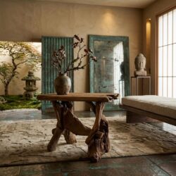 Sidetable gemaakt van wortelteak met natuurlijke afwerking, geplaatst in een rustieke interieur met decoratieve elementen en een Japanse tuin op de achtergrond.