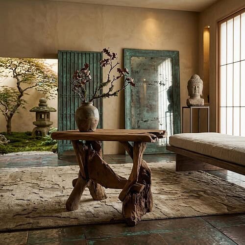 Sidetable gemaakt van wortelteak met natuurlijke afwerking, geplaatst in een rustieke interieur met decoratieve elementen en een Japanse tuin op de achtergrond.