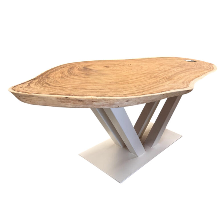 Eettafel suarhout organisch met witte v poot