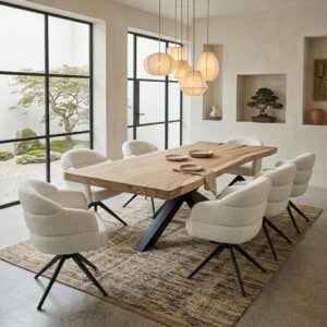 Suarhout boomstamtafel met spinpoot met bijpassende stoelen Bella van Starfurn