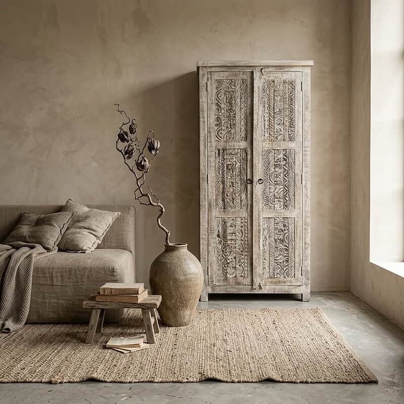 Vintage houten wandkast Almira India met gedetailleerde carving, perfect voor een bohemien of rustieke interieurstijl.