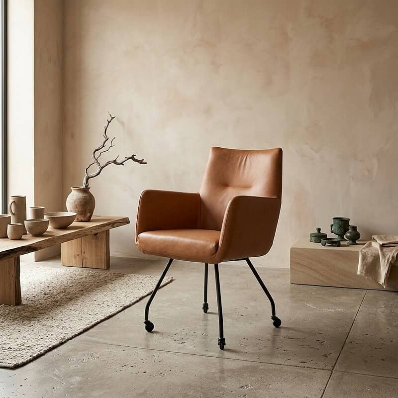 Luxe Velia eetkamerstoel in warm bruin leer met zwart metalen poten, perfect voor een moderne eetkamer. Gemaakt van hoogwaardige materialen voor comfort en duurzaamheid.