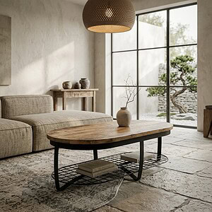 Elegante ovaalvormige salontafel Rio van Mokana meubelen, met houten blad en zwart metalen onderstel, perfect voor een moderne woonkamer.