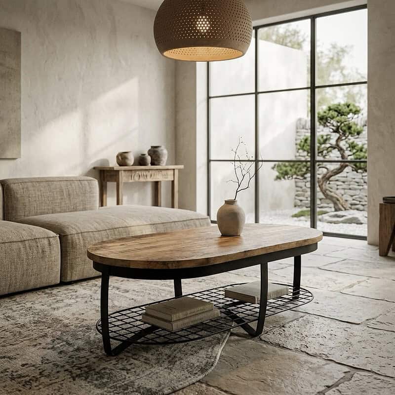 Elegante ovaalvormige salontafel Rio van Mokana meubelen, met houten blad en zwart metalen onderstel, perfect voor een moderne woonkamer.