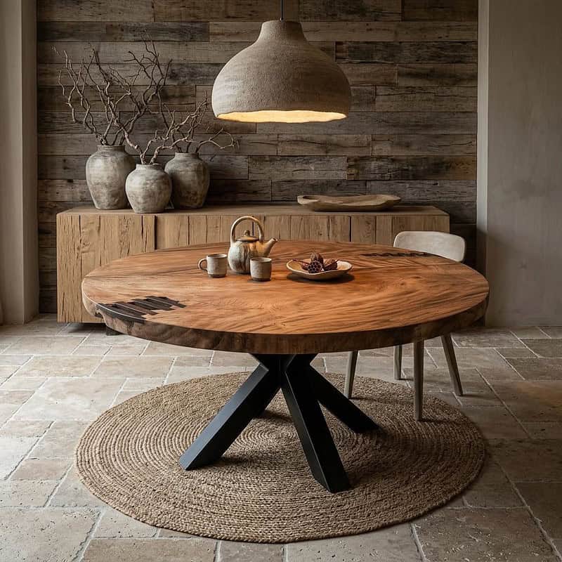 Ronde eettafel van suarhout van 150cm met modern design, perfect voor gezellige maaltijden en stijlvolle interieurs. Gemaakt van duurzaam en natuurlijk hout, ideaal voor elke eetkamer.