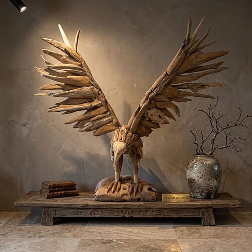 Adelaar van teakhout - Mokana Meubelen Handgemaakte sculptuur van een adelaar in teakhout, perfect voor een natuurlijke en rustieke inrichting. Uniek meubelstuk dat vakmanschap en natuur combineert.