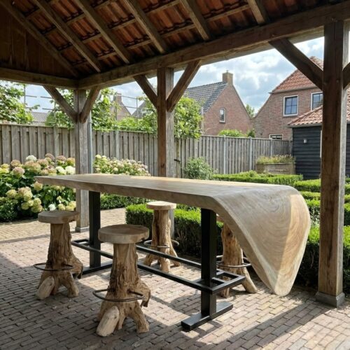 Tree-trunk bar table with a continuous waterfall-edge top