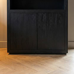 Strak zwart houten meubel met deurpanelen, modern design voor woonkamer of kantoor. Perfect voor opbergen en stijlvolle inrichting.