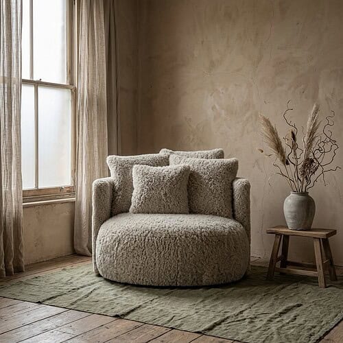 Comfortabele loveseat Doodle Pastille in een rustieke woonkamer met natuurlijke lichtinval en minimalistische decoratie, perfect voor een gezellige zithoek.