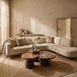 Luxe hoekbank Bart in een modern interieur met natuurlijke tinten en comfortabele kussens, perfect voor een gezellige woonkamer.