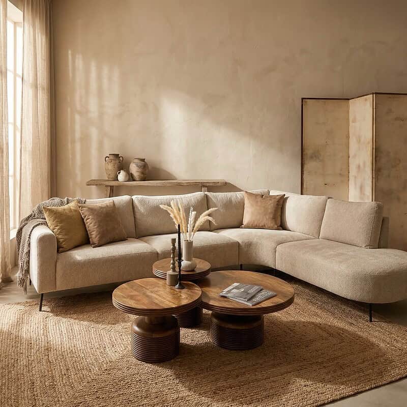 Luxe hoekbank Bart in een modern interieur met natuurlijke tinten en comfortabele kussens, perfect voor een gezellige woonkamer.