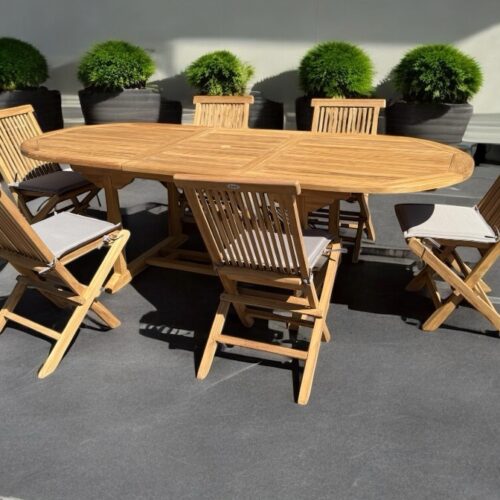 Uitschuif eettafel teak + 6 stoelen