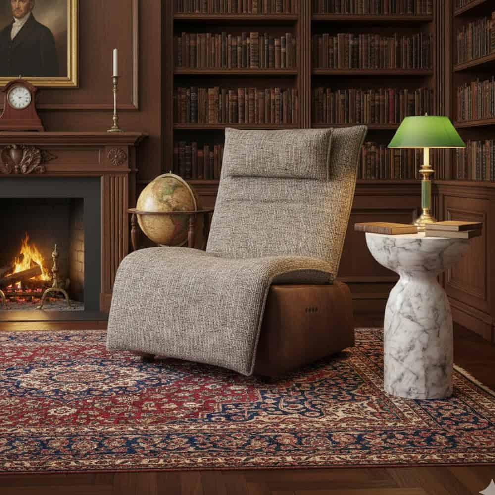 Moderne loungestoel in een bibliotheek met houten boekenkasten en een open haard, perfect voor gezellige leesmomenten en stijlvolle interieurdecoratie.