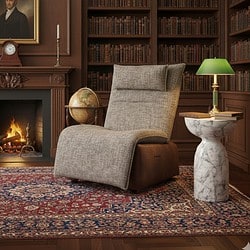 Moderne loungestoel in een bibliotheek met houten boekenkasten en een open haard, perfect voor gezellige leesmomenten en stijlvolle interieurdecoratie.