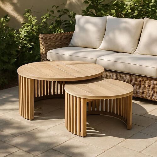 Salontafel rond massief teakhout geschikt voor outdoor maar ook binnengebruik