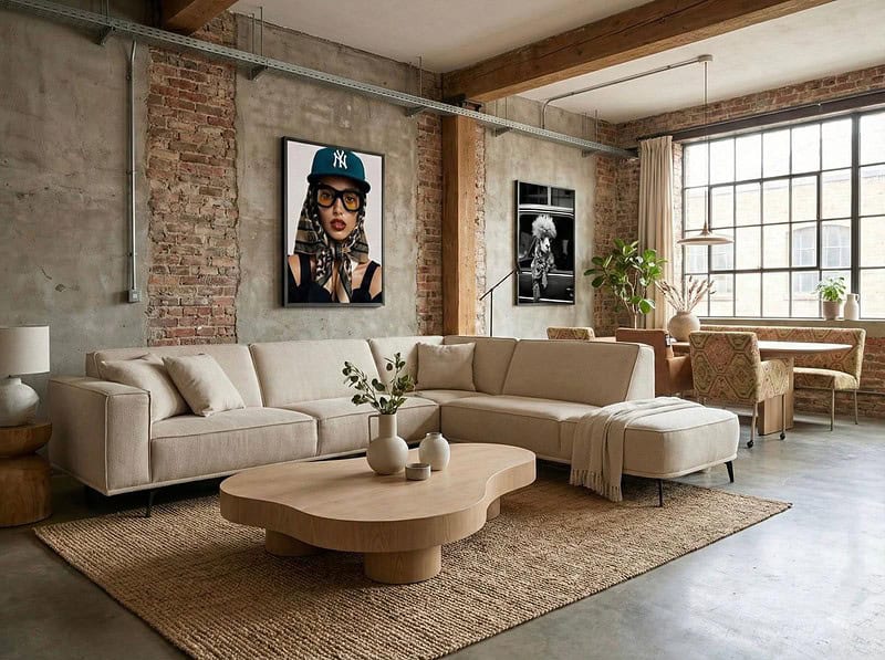 Romantische beige Mokana bank met natuurlijk houten tafel en planten in industrieel interieur met bakstenen muur en grote ramen voor stijlvolle woonkamer.