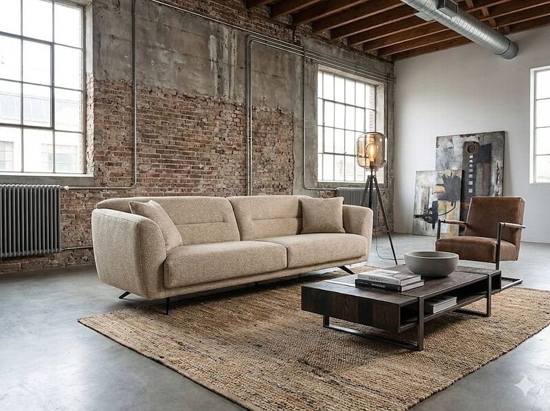 Comfortabele beige stoffen bank met moderne industriële inrichting, natuurlijke materialen en vintage accenten passend bij Mokana Meubelen.