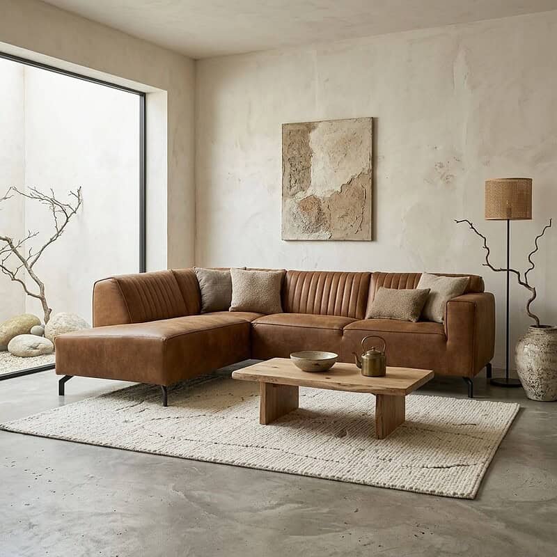 Luxe cognackleurige hoekbank Lola in een modern interieur met minimalistische decoratie en natuurlijke elementen. Perfect voor een stijlvolle en comfortabele woonkamer.