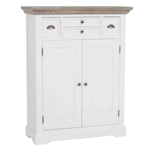 Deluxe houten dressoir in wit met natuurlijke houtkleur opstaande rand en lade- en kastdeuren, Scandinavisch design stijlvolle meubelstuk voor woonkamer of hal.