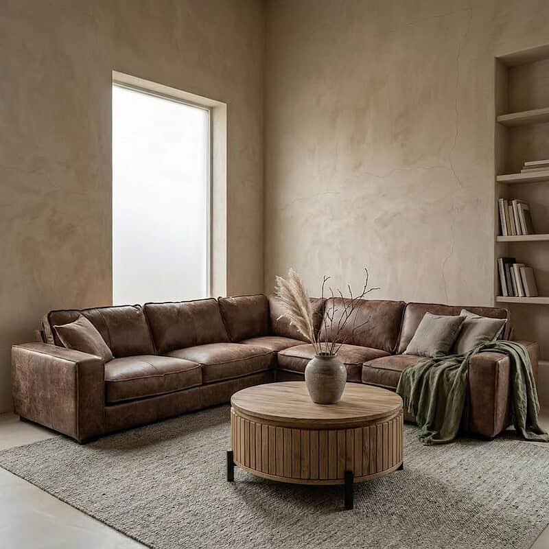 Das luxuriöse Ecksofa „Forest Fever“ in einem modernen Wohnzimmer mit natürlichen Farbtönen und minimalistischem Design. Perfekt für gemütliche Sitzecken und stilvolle Einrichtungen.