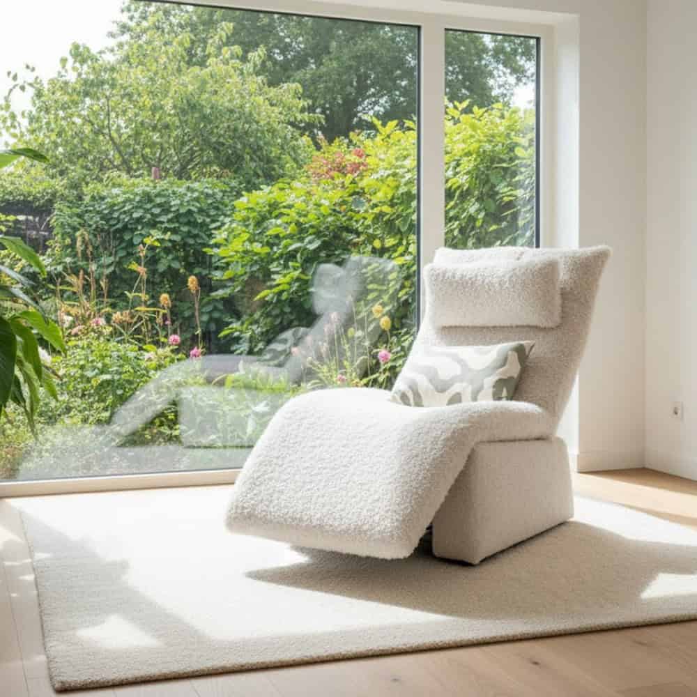 Moderne relaxfauteuil in wit met lounge design, grote raampartij met uitzicht op tuin, natuurlijke lichtinval, interieur woonkamer, comfortabele en stijlvolle woonkamermeubels, handgemaakt en vakmanschap, Mokana Meubelen, Nederlandse maatwerkmeubels.
