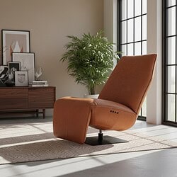 Lederen relaxfauteuil in modern woonruimte met grote ramen en groene plant, comfort en stijl gecombineerd, perfect voor een luxe interieur.