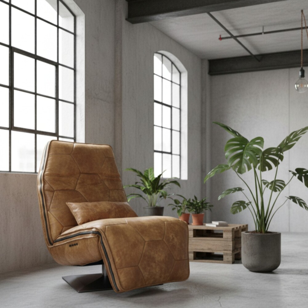Relaxfauteuil Virgil van Chill Line DS meubelen met een hexagon lederen design verkrijgbaar bij Mokana Meubelen