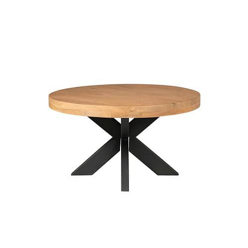 Eettafel gemaakt van massief hout met zwarte metalen onderstel, perfect voor een moderne en stijlvolle interieurstijl.