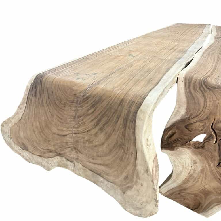 Massief Suar boomstamtafel van 450 cm met watervalpoten, handgemaakt van Indonesisch hardhout, unieke houtnerven en robuuste uitstraling