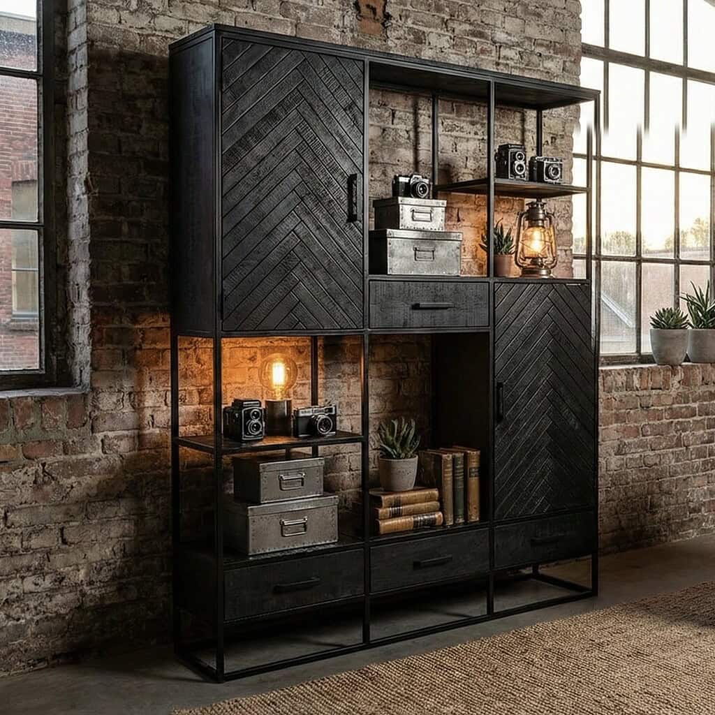 1. Moderne industriële houten vakkenkast met zwart metalen frame, passend voor woonkamer of kantoor.
