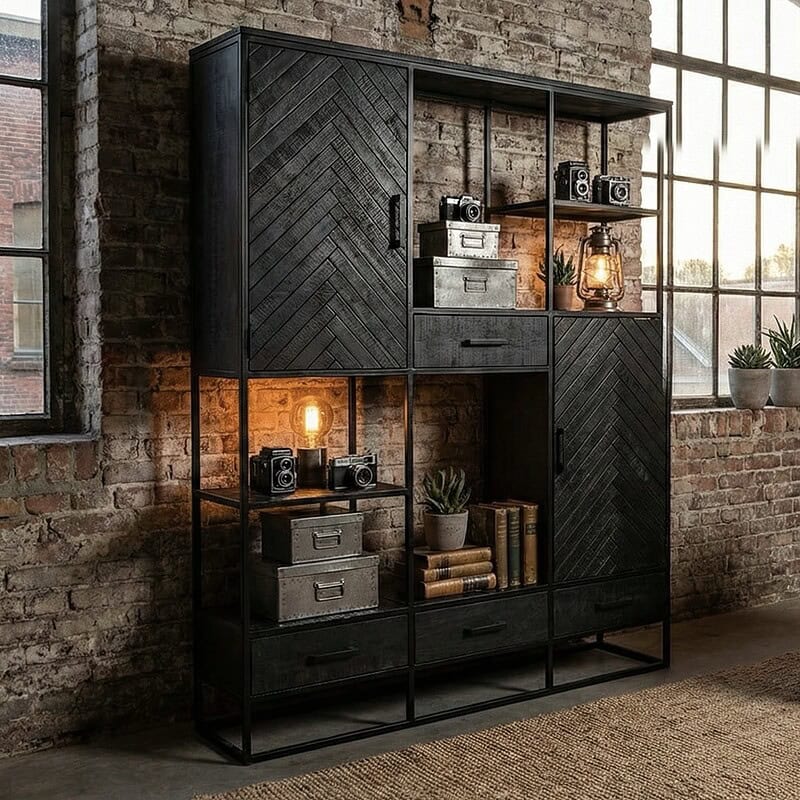 1. Moderne industriële houten vakkenkast met zwart metalen frame, passend voor woonkamer of kantoor.