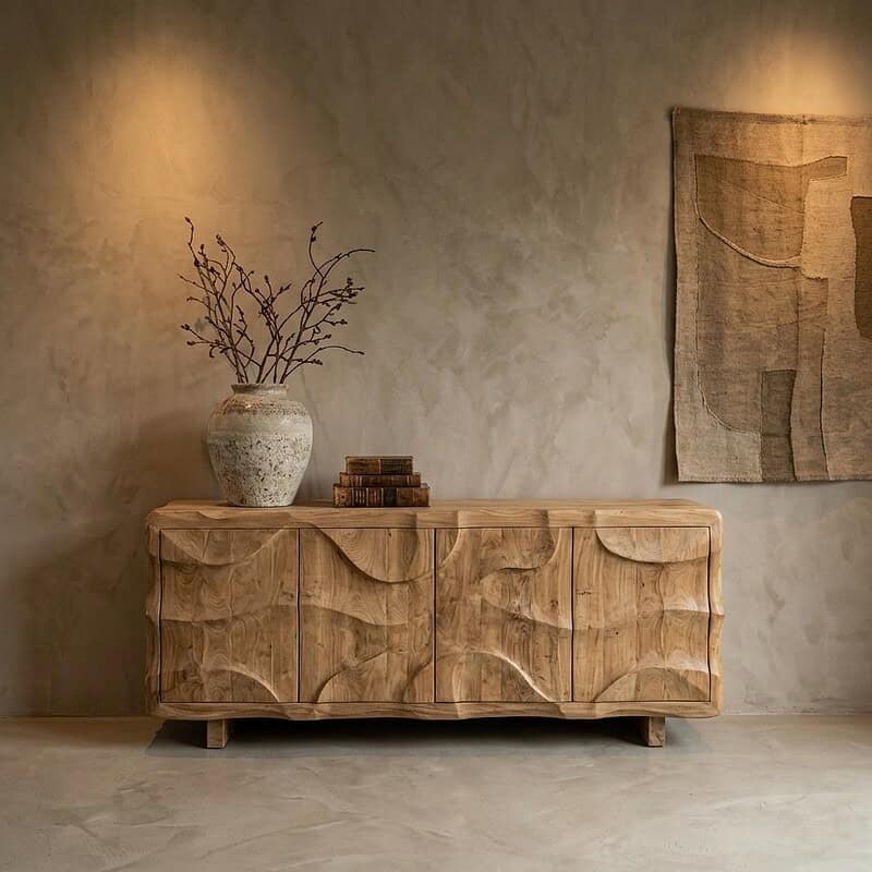 Elegant houten dressoir Nyawa van 200cm breed, met een natuurlijke afwerking en uniek design, perfect voor een stijlvolle en functionele woonkamer of eetkamer.