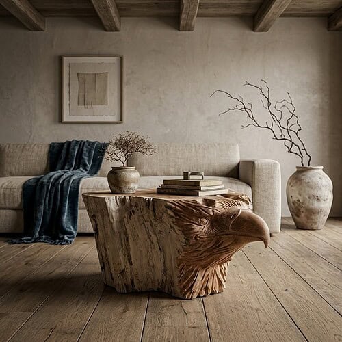 Unieke salontafel van teak met een vogelkopvorm, perfect voor een natuurlijke en stijlvolle woonkamer. Gemaakt van hoogwaardig teakhout, ideaal voor moderne interieurs.