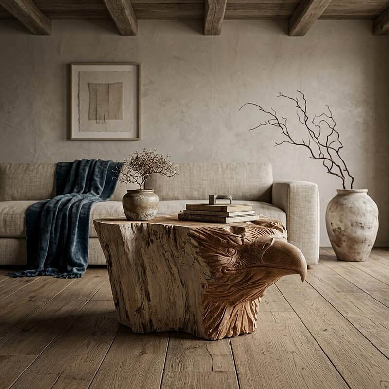 Unieke salontafel van teak met een vogelkopvorm, perfect voor een natuurlijke en stijlvolle woonkamer. Gemaakt van hoogwaardig teakhout, ideaal voor moderne interieurs.