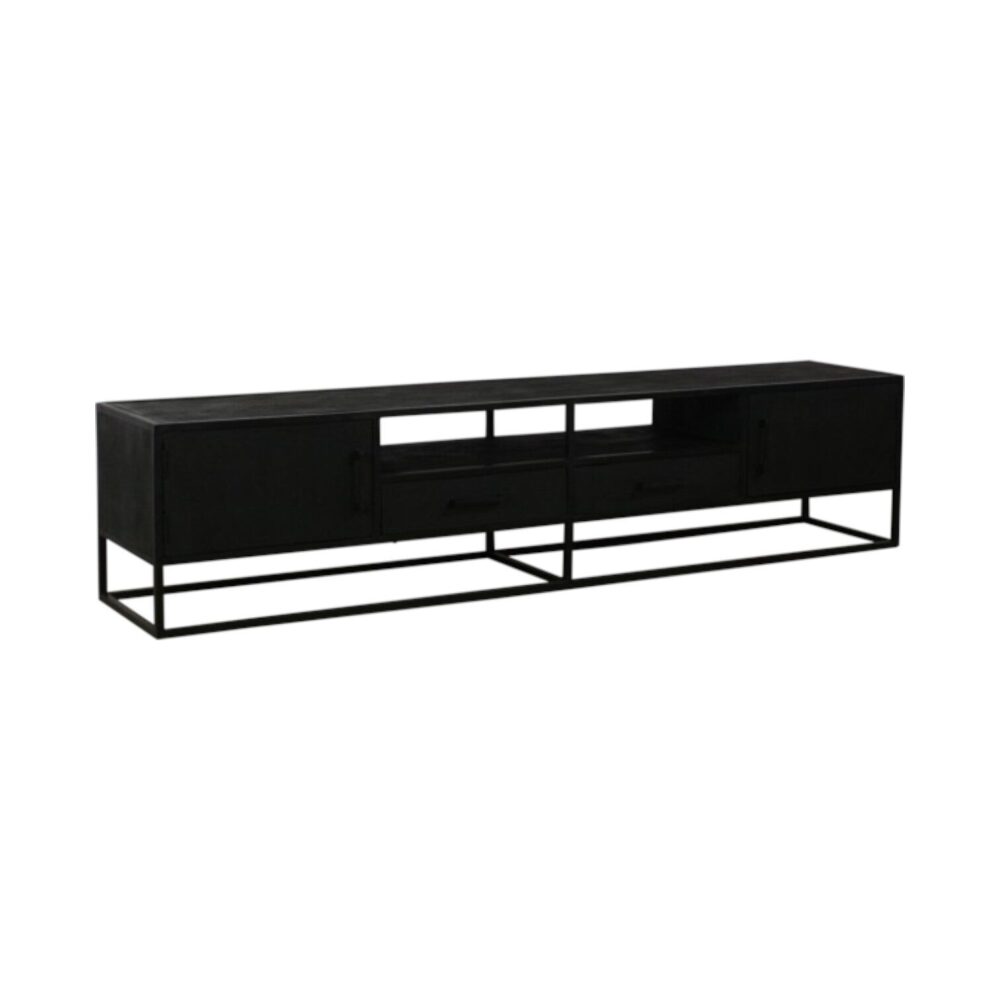 Bob TV-meubel 220 cm mangohout zwart hout lades metalen poten industrieel