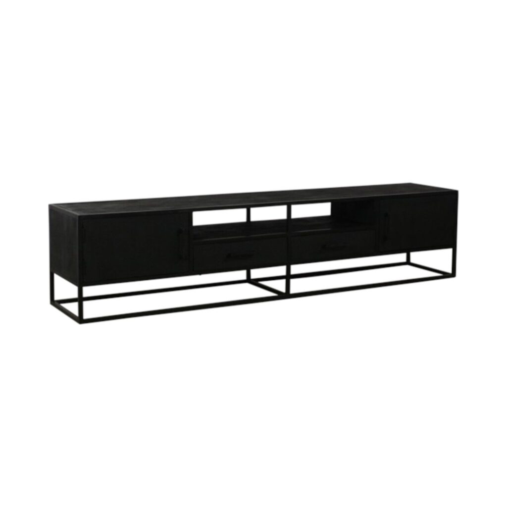 Bob TV-meubel 220 cm mangohout zwart hout lades metalen poten industrieel