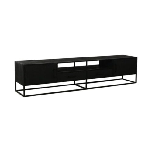 Bob TV-Schrank 220 cm Mangoholz schwarz Holzschubladen Metallbeine industriell