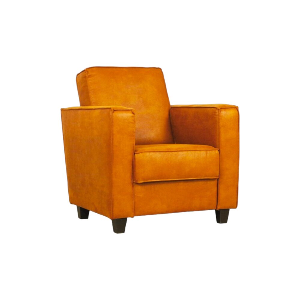 Fauteuil Enzo oranje warm leer leder leren stoel houten zwarte poot met armleuning wildeboer