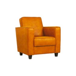 Fauteuil Enzo oranje warm leer leder leren stoel houten zwarte poot met armleuning wildeboer