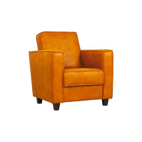 Fauteuil Enzo oranje warm leer leder leren stoel houten zwarte poot met armleuning wildeboer