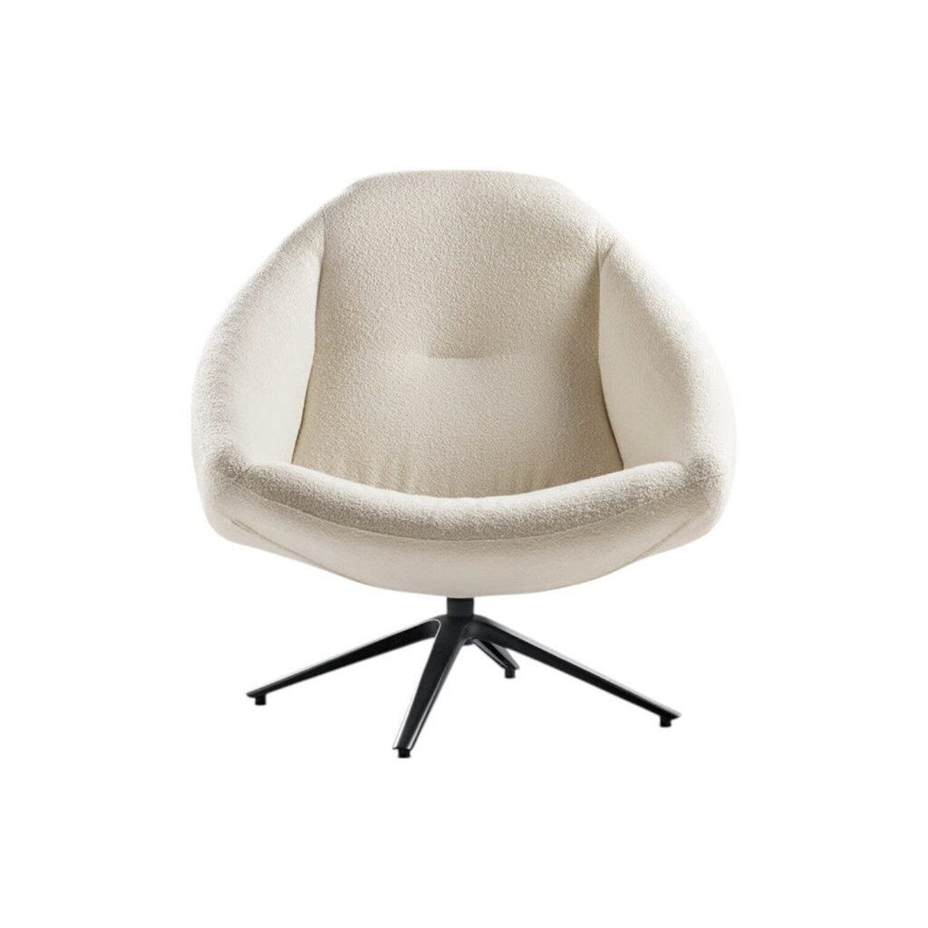 Fauteuil Rondo wit metalen spinpoot zwart stof zacht japandi class design