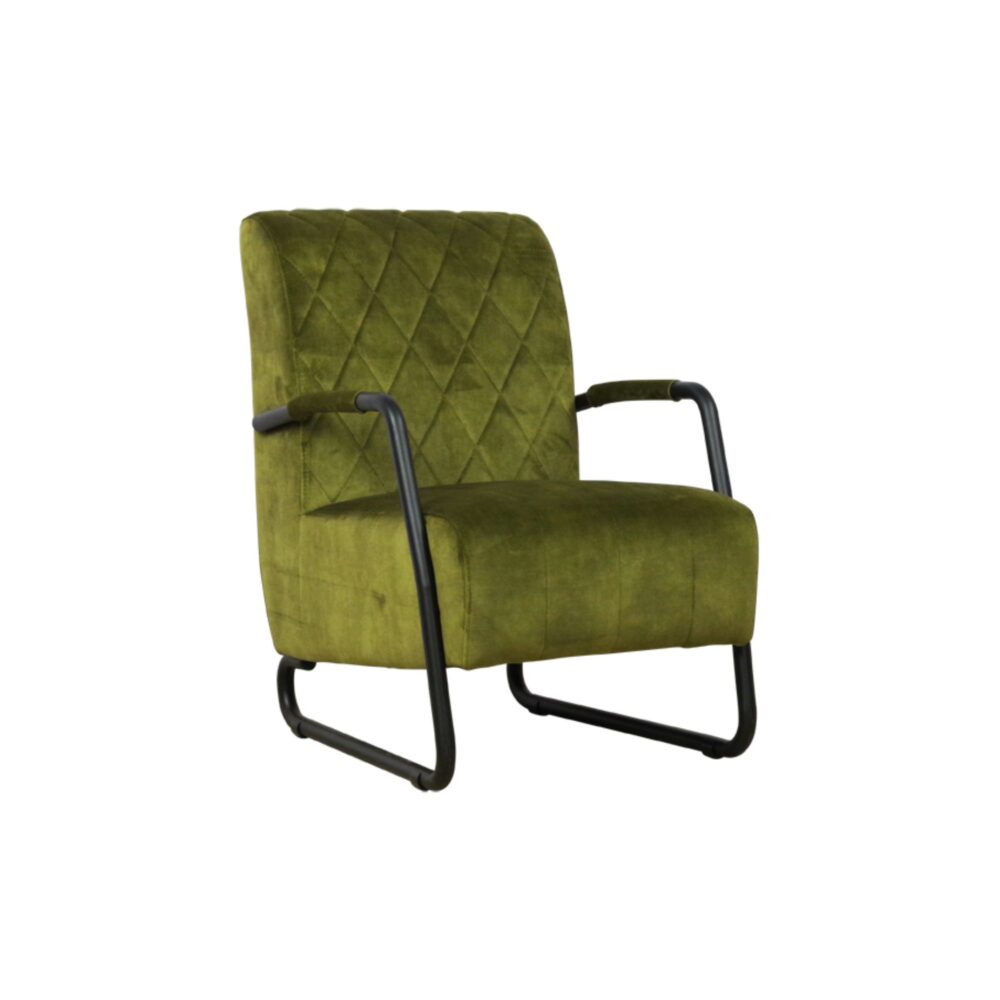 Fauteuil Tessa groen zacht stof metalen zwarte poot armleuning wildeboer