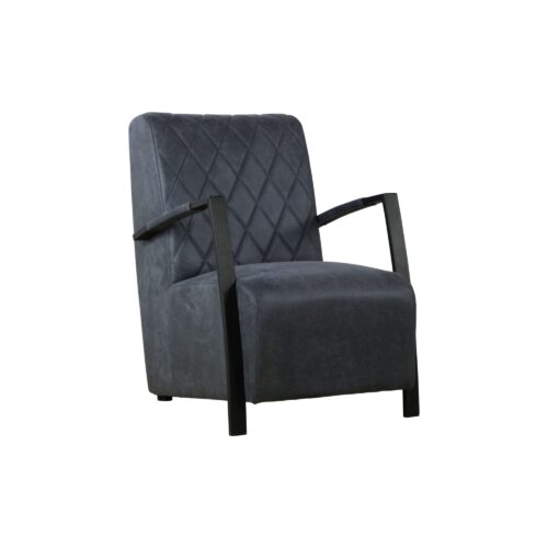 Fauteuil Vega wildeboer met armleuning blauw navy stoel stof velour industrieel modern zwarte metalen poot