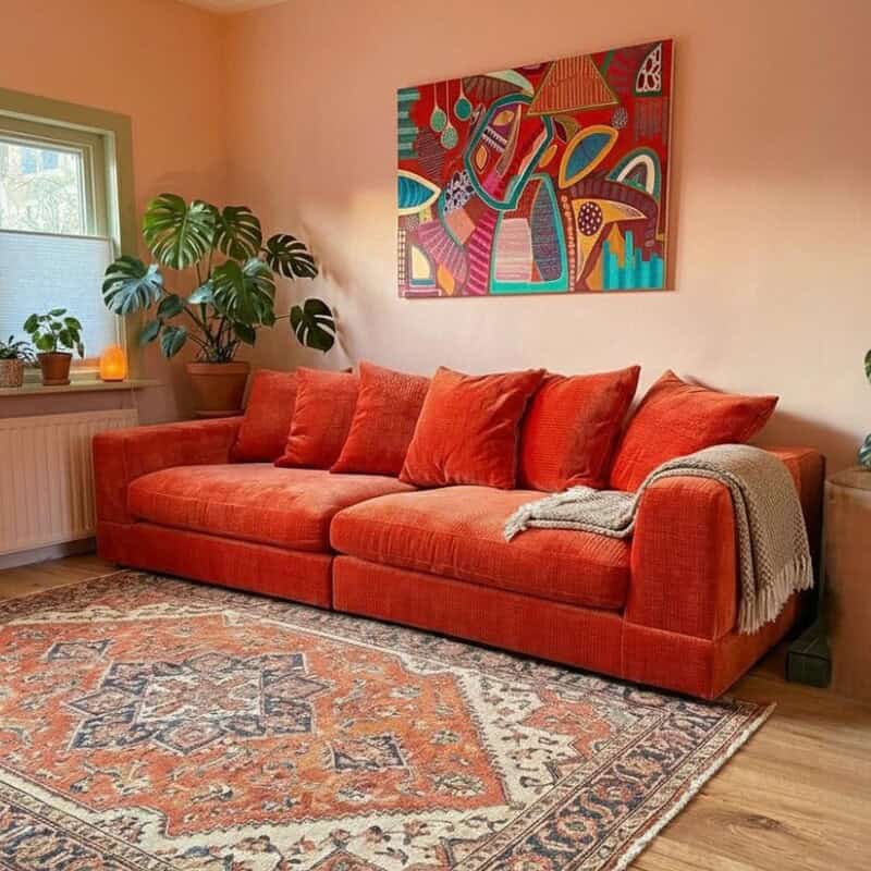 1. Mooie moderne velvet bank in terracotta oranje met kussens in een gezellige woonkamer met planten en kleurrijk kunstwerk.