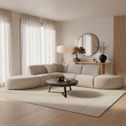 Elegant ronde bank in wit stof in een modern woonkamer met houten vloer en minimalistischDesign.