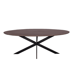 Elegante eettafel van massief eikenhout met een zwart metalen onderstel, perfect voor moderne interieurs en gezellige bijeenkomsten.