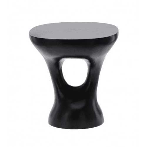 Design houten bijzettafel met unieke sculpturale vorm, zwart afgewerkt, modern en stijlvol meubelstuk.