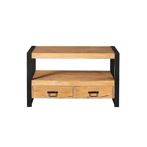 Rustieke houten TV-meubel met metalen details en open opbergruimte, ideaal voor stoere en praktische inrichting.